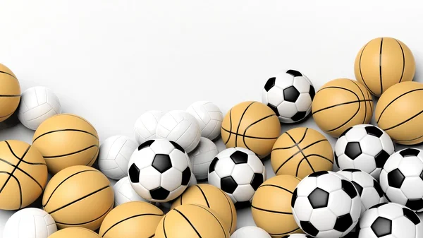 Pile of basket, volley and football balls, isolated on white with copy-space. — Stock Photo, Image