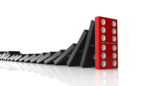 Zwarte domino tegels vallen in een rij op rode laatst een staande, geïsoleerd op wit — Stockfoto