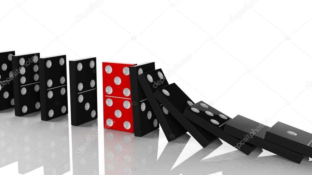 Black domino tiles in a row about to fall with red one standing on the way, on white