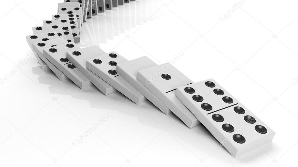 White domino tiles falling in a row, isolated on white