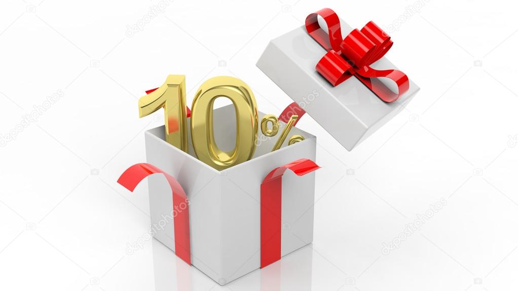 Open gift box with gold 10 percent number in it, isolated on white background.