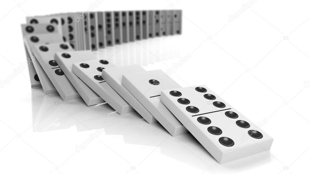 White domino tiles falling in a row, isolated on white