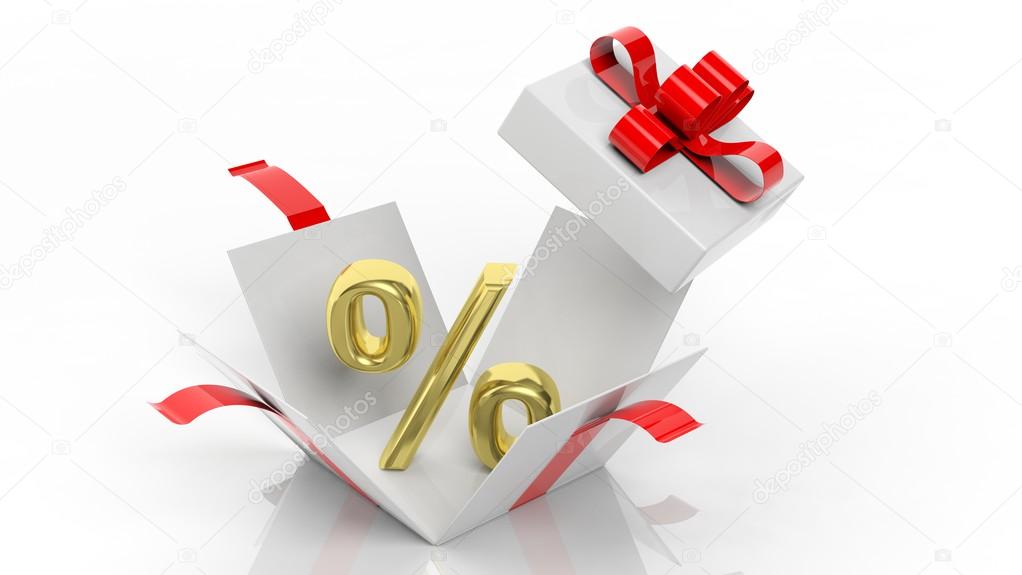 Open gift box with golden percentage symbol in it, isolated on white background.