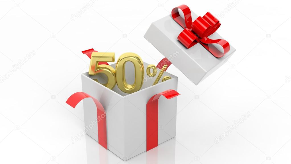 Open gift box with gold 50 percent number in it, isolated on white background.