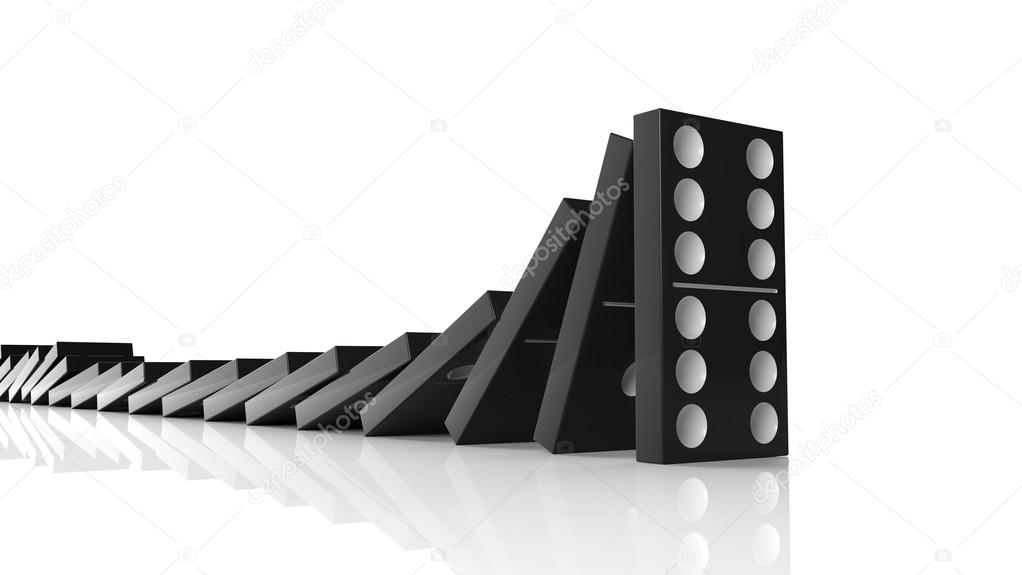 Black domino tiles falling in a row on to last one standing, isolated on white