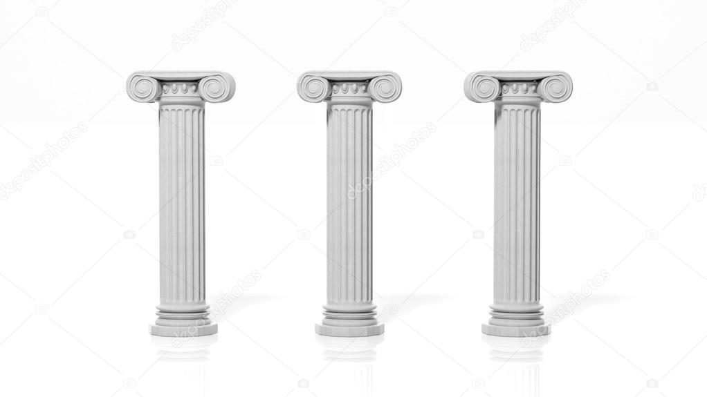 Three ancient pillars, isolated on white background.