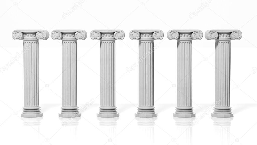 Six ancient pillars, isolated on white background.