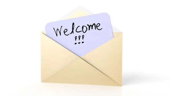 Abra o envelope amarelo com Welcome! nota, isolado no branco . — Fotografia de Stock