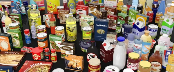 Various grocery products closeup, on black background with reflections — Stock Photo, Image