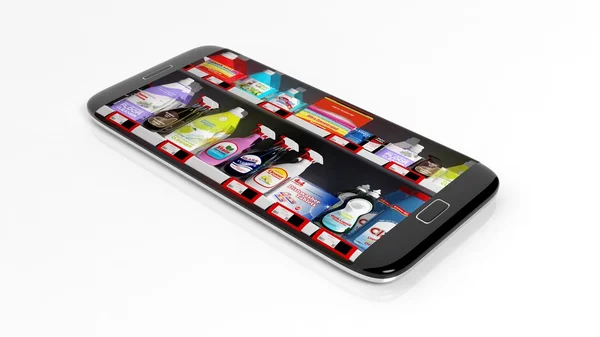 Ράφια των σούπερ μάρκετ με οικιακά προϊόντα στην οθόνη smartphone, που απομονώνονται σε λευκό φόντο. — Φωτογραφία Αρχείου