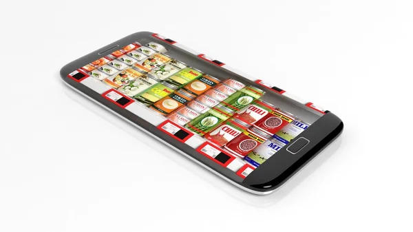 Mensola del supermercato con cibo in scatola sullo schermo dello smartphone, isolato su sfondo bianco . — Foto Stock