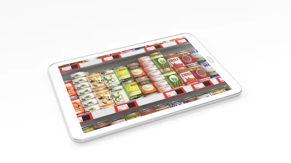Étagère de supermarché avec des aliments en conserve sur écran de tablette, isolé sur fond blanc . — Photo