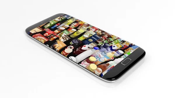 Supermarkt-Lebensmittel auf Smartphone-Bildschirm, isoliert auf weißem Hintergrund. — Stockfoto