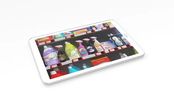 Ράφια των σούπερ μάρκετ με οικιακά προϊόντα στην οθόνη του tablet, απομονώνονται σε λευκό φόντο. — Φωτογραφία Αρχείου