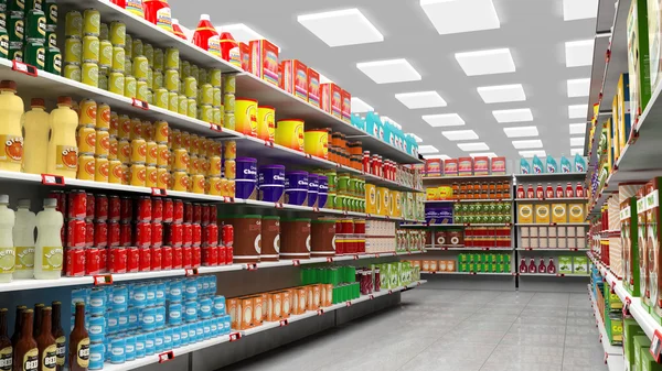 Interior del supermercado con estantes llenos de varios productos . — Foto de Stock