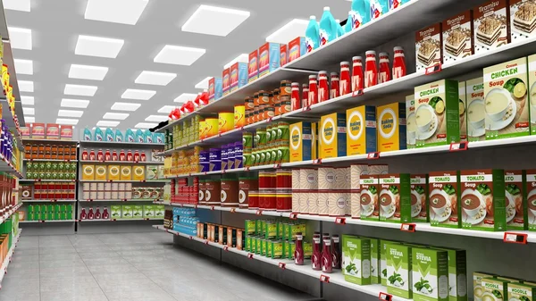 Interior del supermercado con estantes llenos de varios productos . — Foto de Stock