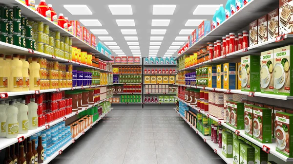 Supermarkt interieur met rekken vol met verschillende producten. — Stockfoto