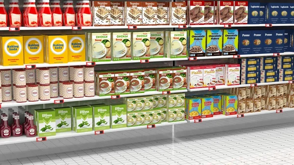 Scaffali dei supermercati pieni di vari prodotti . — Foto Stock