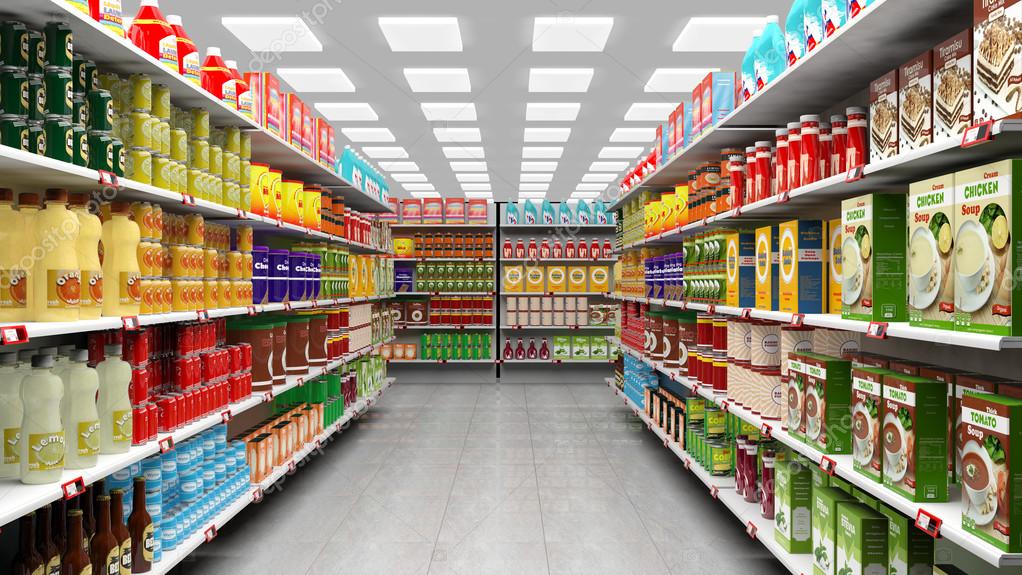 Supermarkt-Interieur mit Regalen voller unterschiedlicher Produkte