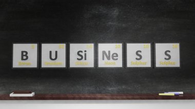 Periodic table of elements symbols used to form word Business, on blackboard