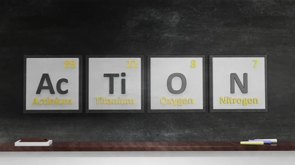 Periodic table of elements symbols used to form word Action, on blackboard. — ストック写真