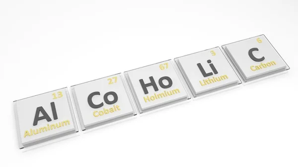 Periodic table of elements symbols used to form word Alcoholic, isolated on white. — Stock fotografie