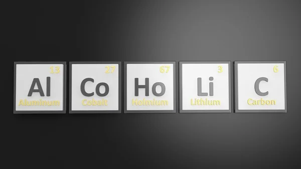 Periodic table of elements symbols used to form word Alcoholic, isolated on black — Stockfoto