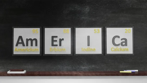 Periodic table of elements symbols used to form word America, on blackboard — Stockfoto
