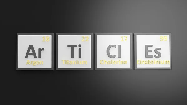 Periodic table of elements symbols used to form word Articles, isolated on black — Stock Photo, Image