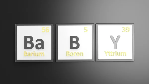 Periodic table of elements symbols used to form word Baby, isolated on black — ストック写真