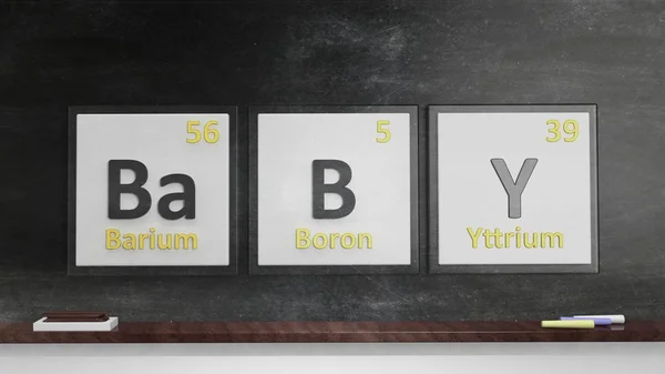 Periodic table of elements symbols used to form word Baby, on blackboard — стокове фото