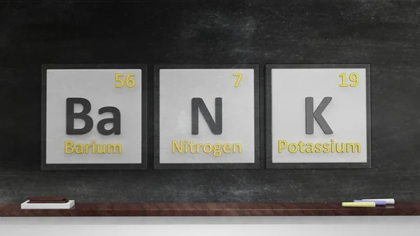 Periodic table of elements symbols used to form word Bank, on blackboard — Stock Fotó