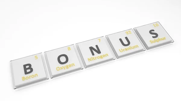Tavola periodica degli elementi simboli utilizzati per formare la parola Bonus, isolati su bianco . — Foto Stock