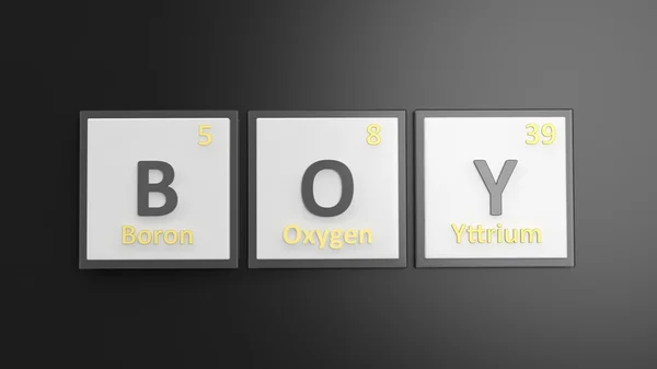 Периодическая таблица элементов, из которых формируется слово "мальчик", выделенная черным цветом — стоковое фото