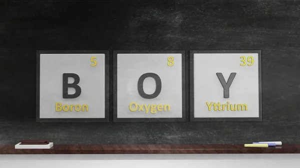 Periodic table of elements symbols used to form word Boy,on  blackboard — Stockfoto