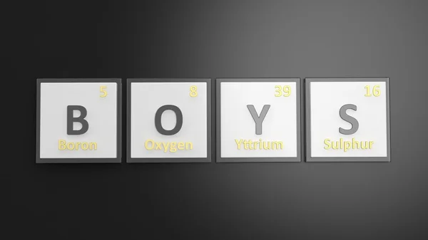 Periodic table of elements symbols used to form word Boys, isolated on black — Stockfoto