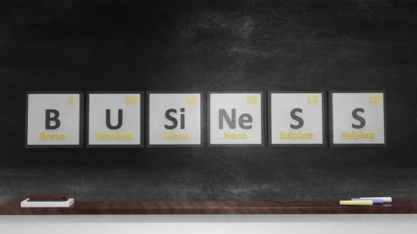 Periodic table of elements symbols used to form word Business, on blackboard — Stock fotografie