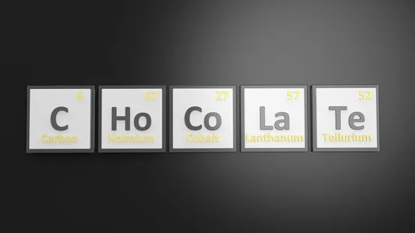 Tabla periódica de elementos símbolos utilizados para formar la palabra Chocolate, aislado en negro — Foto de Stock