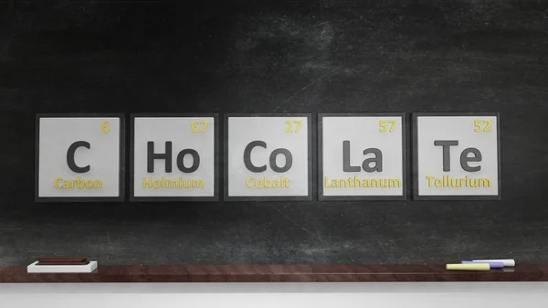 Periodic table of elements symbols used to form word Chocolate, on blackboard — Stock Photo, Image