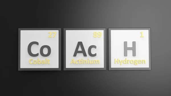 Periodic table of elements symbols used to form word Coach, isolated on black — Stock Photo, Image