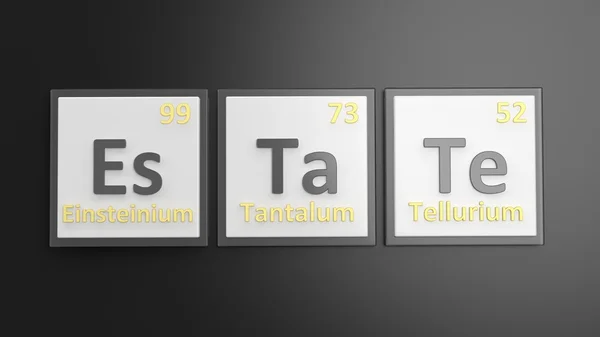 Periodic table of elements symbols used to form word Estate, isolated on black — Stock Photo, Image