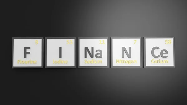Tabla periódica de elementos símbolos utilizados para formar la palabra Finanzas, aislados en negro —  Fotos de Stock