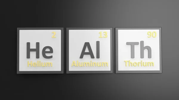 Tavola periodica degli elementi simboli utilizzati per formare la parola Salute, isolati su nero — Foto Stock