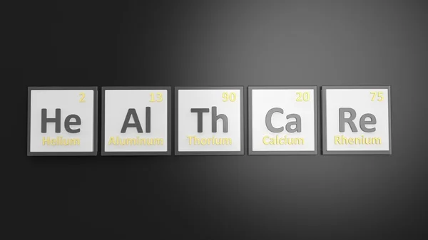 Tabela periódica de elementos símbolos utilizados para formar a palavra Cuidados de saúde, isolados em preto — Fotografia de Stock