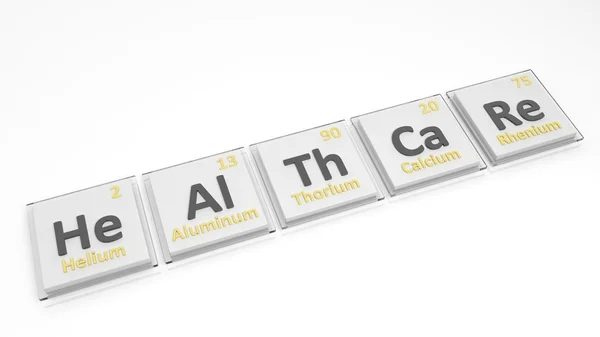 Tableau périodique des éléments symboles utilisés pour former le mot Soins de santé, isolé sur blanc . — Photo