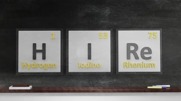 Tabla periódica de elementos símbolos utilizados para formar la palabra Alquiler, en pizarra — Foto de Stock