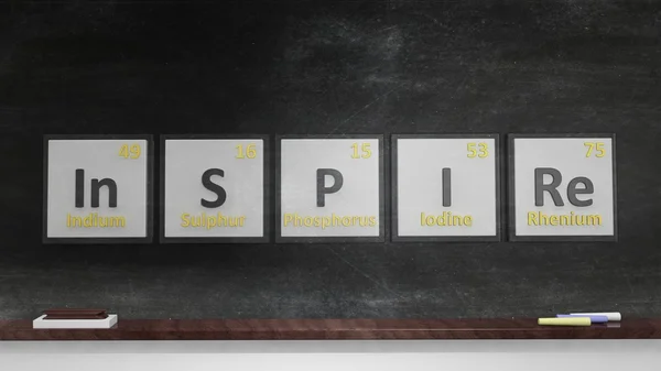 Periodic table of elements symbols used to form word Inspire, on blackboard — Stock Photo, Image