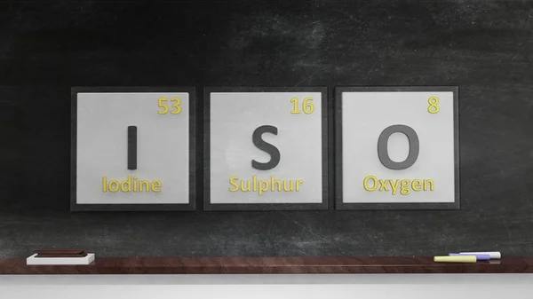 Tavola periodica degli elementi simboli utilizzati per formare la parola Iso, sulla lavagna — Foto Stock