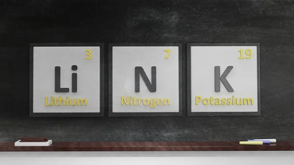 Периодическая таблица элементов, используемых для формирования слова Link, на доске — стоковое фото