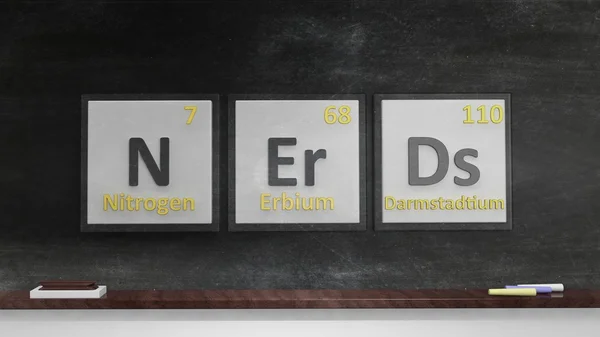Tabla periódica de elementos símbolos utilizados para formar la palabra Nerds, en pizarra — Foto de Stock